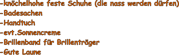 -knchelhohe feste Schuhe (die nass werden drfen) -Badesachen -Handtuch -evt.Sonnencreme -Brillenband fr Brillentrger -Gute Laune
